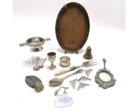 1917 (WWI) silver hallmarked oval photograph frame (23cm x 16cm - lacks easel stand back), silver decanter label by Alistair 