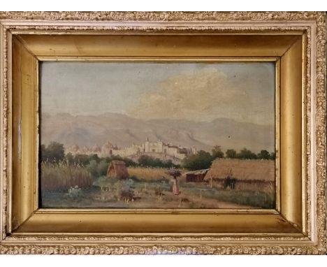 Townley Benson (1848-1907) original late Victorian oil painting on board of a landscape in Mexico - original gilt gesso frame