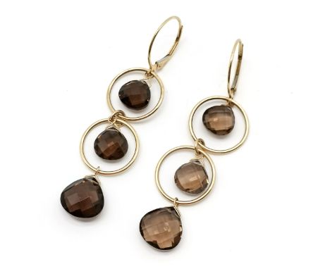 9ct marked gold smoky quartz triple ring drop earrings - 5cm drop &amp; 5g total weight
