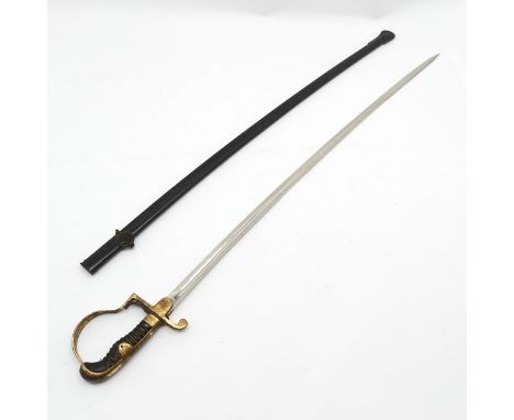 Prussian military sword with brass hilt in original black japanned scabbard with solingen marked blade - 94cm long ~ wire wor