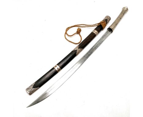 Antique Burmese / Asian Mandalay region sword with unmarked silver mounts &amp; inlay to blade in an ebonised wooden scabbard