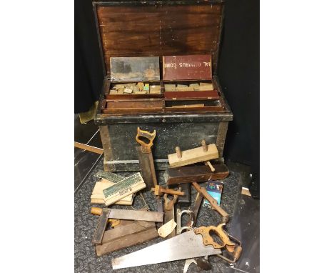 Antique pine carpenters chest (with key) with mahogany fitted lift out trays with various antique &amp; later tools