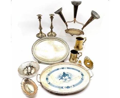 Qty of silver plated wares inc 3 flute epergne (33cm high), candlesticks, 2 trays (1 with a/f ceramic insert) etc ~ all in us