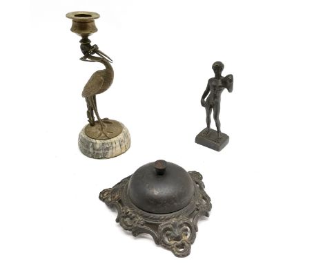 Antique cast iron desk bell t/w stork &amp; snake detail candlestick (20cm high) &amp; bronze cast classical figure