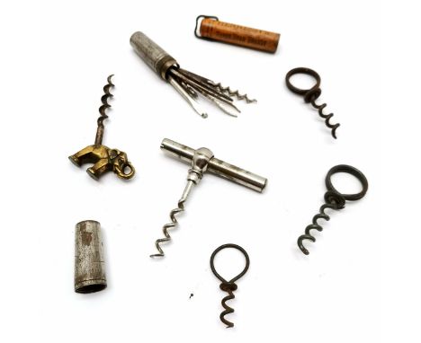 Qty of corkscrews inc Hennessy's three star brandy, Sandy Macdonald Scotch Whiskies picnic, Art Deco elephant, multi-tool (5 