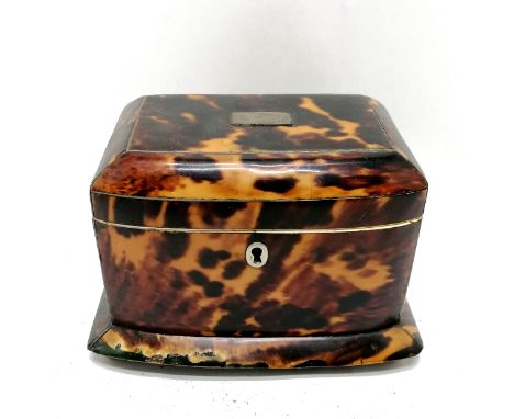 Antique tortoiseshell tea caddy with fitted interior on 4 bun feet - 17cm across x 11.5cm deep x 12cm high ~ has old repairs 