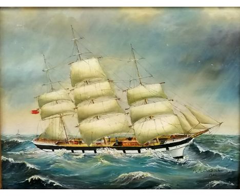 Painting of a sailing ship in heavy gilt frame with annotation R Webb - 45cm x 50cm