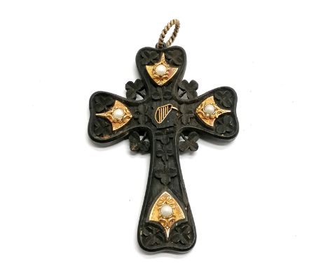 Antique Irish bog oak cross pendant set with unmarked gold detail with pearls and has harp &amp; shamrock detail - 8.5cm drop