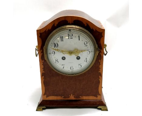 Antique domed top French mantle clock with enamel dial and burr wood veneered case and strike mechanism 26.5cm high x 20cm x 