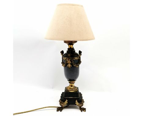 Antique slate &amp; gilt metal mounted table lamp with swag &amp; mask detail terminating on 4 claw feet - total height 54cm 