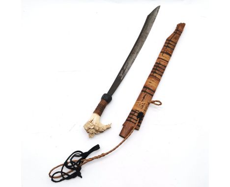 Vintage Borneo mandau sword in scabbard with stag horn hilt &amp; marks / decoration to blade ~ total length 78cm ~ scabbard 