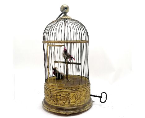 Antique French brass automaton in the form of a bird cage with 2 birds - 59cm drop x 27cm diameter ~ with key &amp; working a