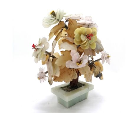 Oriental Chinese hardstone hand carved flower display in hardstone planter - 28cm high