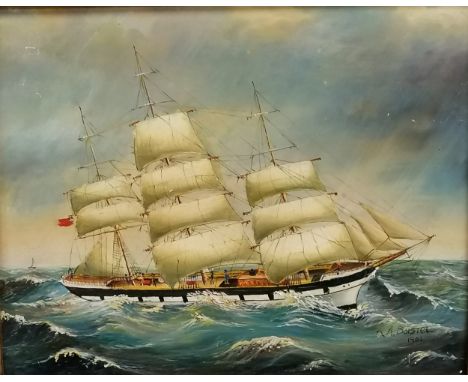 Painting of a sailing ship in heavy gilt frame with annotation R A Borstel 1901 - 45cm x 50cm