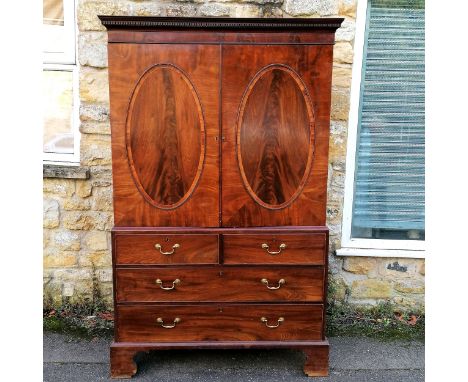 Antique flame mahogany linen press on bracket feet with brass swan neck handles - 122cm x 59cm x 200cm