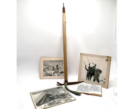 Vintage mountaineering ice axe (90cm) t/w annotated travel diary / log &amp; 4 photographs