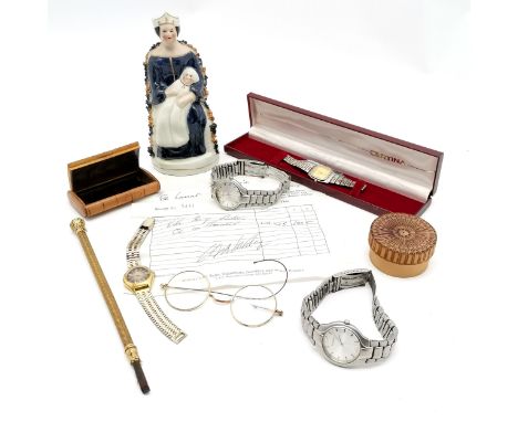 Swaine &amp; Isaac (London) riding crop handle (21cm &amp; a/f) t/w antique snuff box, staffordshire figure, quartz wristwatc