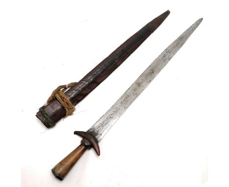 Antique African Guduf sword (Mandara mountains) with horn hilt and leather over wood scabbard with cloth carrying cord - tota