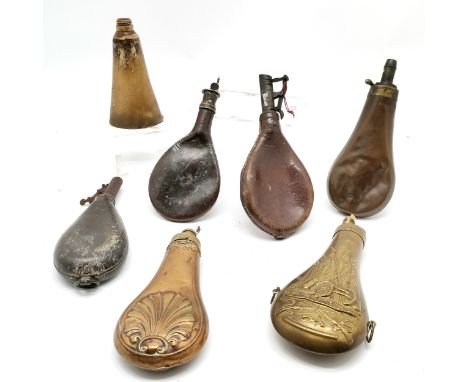 Collection of 6 x antique powder / shot flasks t/w vintage brass flask (22cm) - all in used condition