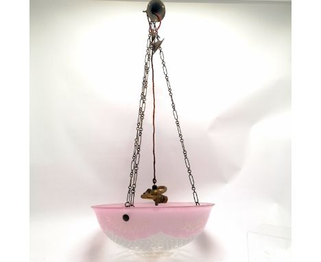 Antique pink &amp; white lace glass plafonnier lightshade with original brass fitments &amp; chains - 39.5cm diameter ~ no ob