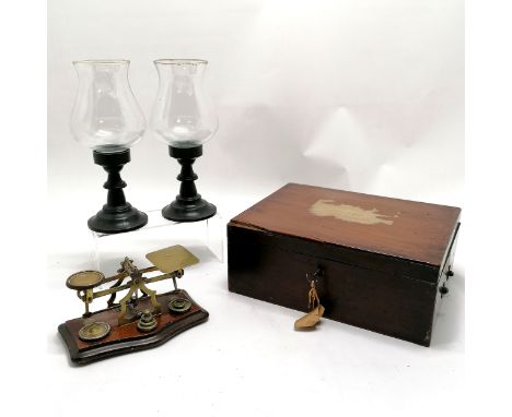 Antique mahogany box with key (a/f), postal scales &amp; pair of candle lanterns with glass shades (26.5cm high)