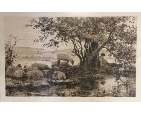 Henry Robert Robertson (1839-1921) antique signed etching 'The sleeping shepherd' - frame 55cm x 71cm