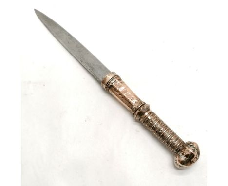 Antique Burmese Shan Dha Hmyaung dagger with lotus bud pommel and spear point blade - 29.5cm long