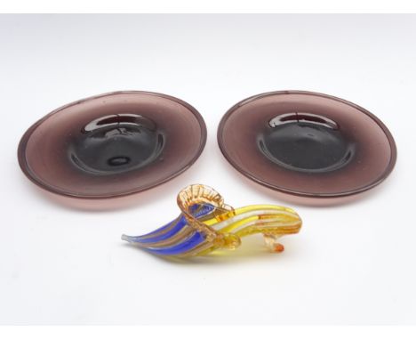 Pair of 19th Century spun Amethyst glass shallow dishes D20cm and a Venetian coloured glass slipper L15cm Condition Report & 