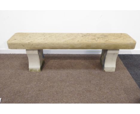 Polished sandstone garden bench, moulded rectangular top on two shaped pedestals, W168cm, H  , D38cm Condition Report & Furth