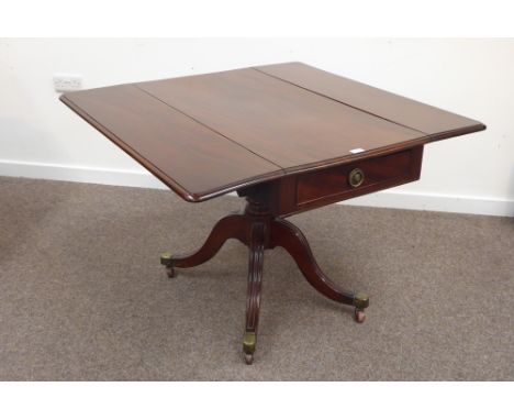 Regency mahogany drop leaf supper dining table, rectangular moulded top with rounded corners, drawer and false drawer to each