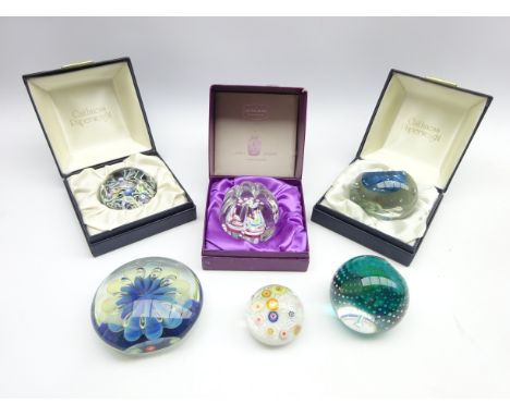 Caithness glass paperweight 'First Quarter' 298/1500, boxed, 2 other Caithness paperweights, Eickholt weight, Murano millefio