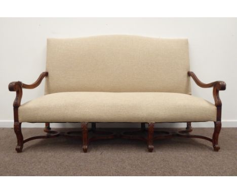 William and Mary style French walnut high back sofa, reeded and acanthus carved scrolled arm rests, back and seat upholstered