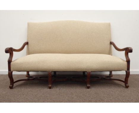 William and Mary style French walnut high back sofa, reeded and acanthus carved scrolled arm rests, back and seat upholstered