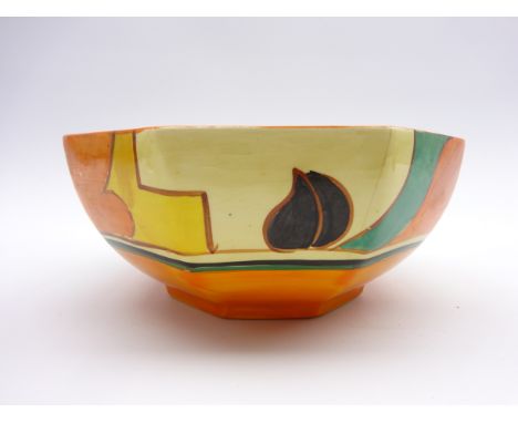 Wilkinson Fantasque Clarice Cliff octagonal bowl painted with stylised Feather and Leaves pattern D18cm Condition Report & Fu
