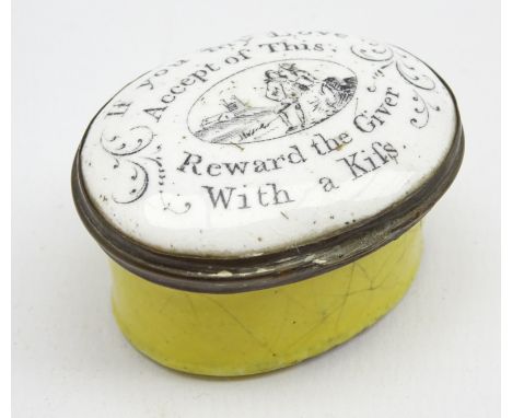 Late 18th Century Bilston enamel oval patch box with interior mirror, the lid inscribed 'If you my love accept of this, Rewar