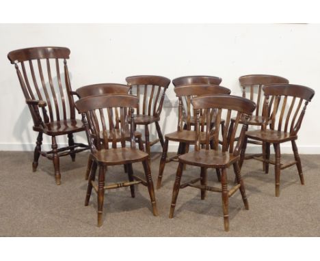 Set nine (8+1) 19th century elm country chairs, shaped cresting rail above comb and spindle back, dished seat, turned support