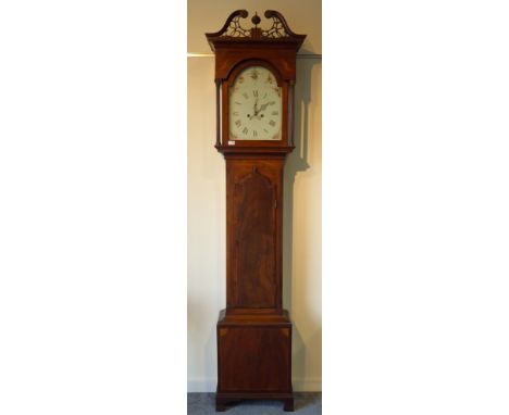 George III mahogany longcase clock, swan neck pediment with pierced fretwork above checker plate inlay and shell motif, reede