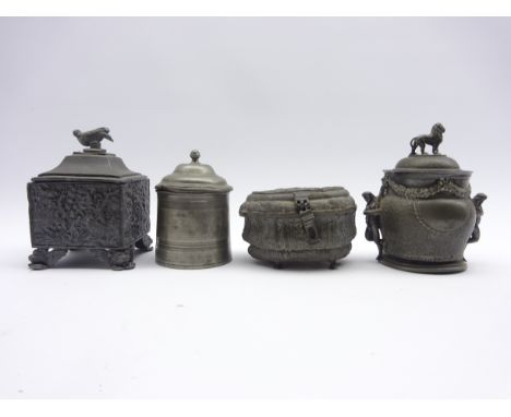 19th Century square lead tobacco box and cover decorated with hunting scenes, the cover with bird lift, the interior press wi