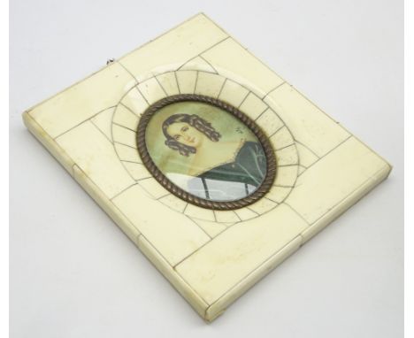 Continental miniature oval portrait of a 19th Century lady in 'piano key' bone frame 7cm x 6cm Condition Report & Further Det