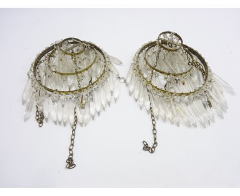 Pair of early 20th Century 3 tier circlet light fittings hung with spear cut lustre drops H16cm x D18cm Condition Report & Fu