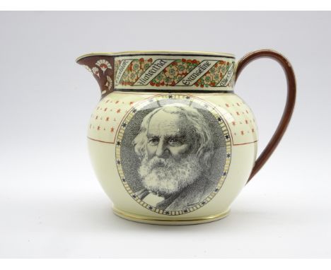 19th century Wedgwood creamware Longfellow commemorative jug, transfer printed with a portrait to the front, lines from the p