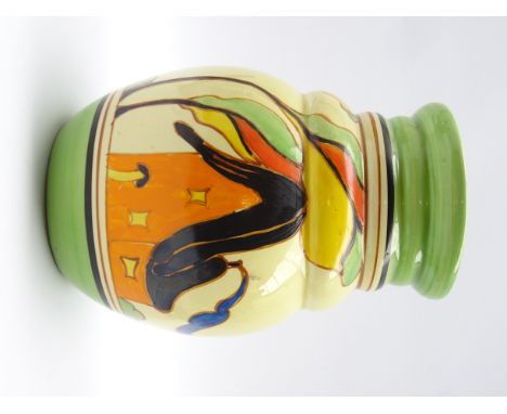 Wilkinson & Co Bizarre Fantasque Clarice Cliff vase, shape No 358 decorated in the Orange House pattern H20cm  Condition Repo
