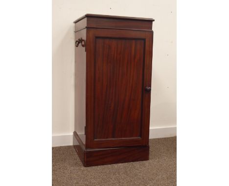 19th century mahogany bedside cupboard, square moulded top above paneled door, enclosing single shelf, on plinth base, W41cm,