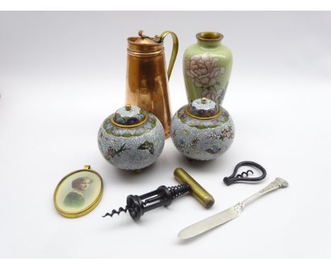 Pair Cloisonne jars, Cloisonne vase, copper lead lined water jug, two corkscrews, knife and an oval portrait pendant Conditio