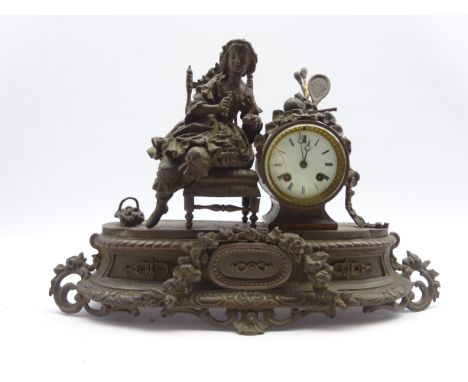 19th Century French mantel clock with white dial and bell strike in Spelter case with a figure in a chair 32cm x 48cm Conditi