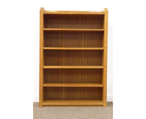 'Mouseman' Yorkshire oak open bookcase by Robert Thompson of Kilburn, raised back, adzed top and sides, four adjustable shelv