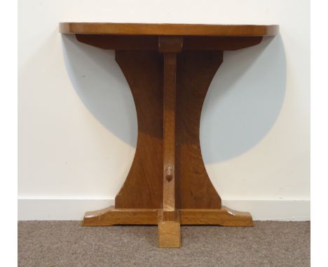 'Mouseman' Yorkshire oak half round console hall table by Robert Thompson of Kilburn, three sided pedestal base on sledge fee