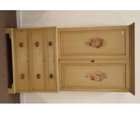 Early 19th century painted pine linen press, projecting cornice above two paneled doors, three graduating cock beaded drawers