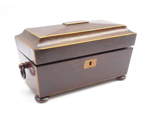 Mid 19th Century mahogany sarcophagus shaped tea caddy with boxwood stringing, the interior with 2 covered containers and gla