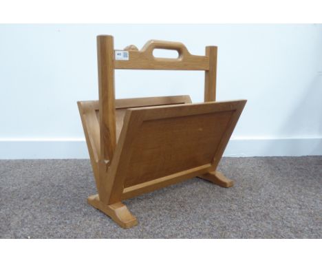 'Mouseman' magazine rack by Robert Thompson of Kilburn, carry handle to top, octagonal supports, sledge feet, carved with mou